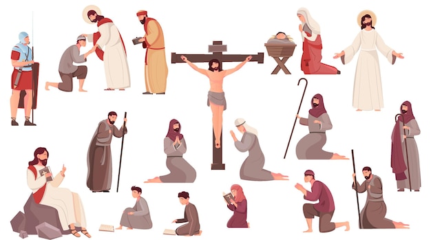 Kostenloser Vektor flache ikonen ostern stellten mit kreuzigungsauferstehung und geburt jesu christi und betende leute ein, die auf weißer hintergrundvektorillustration lokalisiert wurden