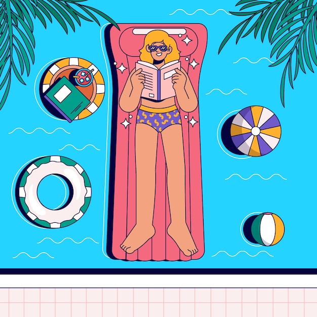 Flache Sommerlesebuchillustration mit Frau auf Poolschwimmer