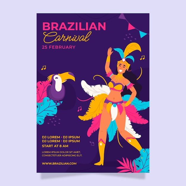 Flache vertikale Plakatvorlage für den brasilianischen Karneval