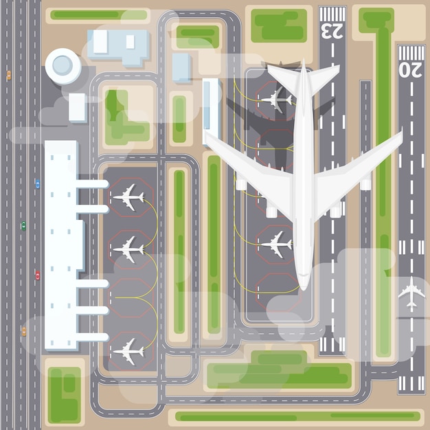 Kostenloser Vektor flughafen landebahnen draufsicht. flugzeuge und flugzeuge, ankunft, transportfluggesellschaft. flughafenlandung vektorillustration