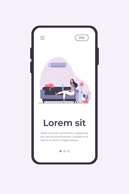 Kostenloser Vektor frau, die auf sofa mit katze und laptop unter klimaanlage sitzt. mädchen, kühlung, couch flache vektorillustration. mobile app-vorlage für heim- und freiberufliche konzepte
