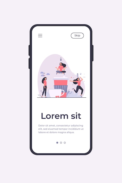 Kostenloser Vektor frau, die stress fühlt und energie vom kaffee bekommt. koffeinsüchtige person, die batterie auflädt. mobile app-vorlage der vektorillustration