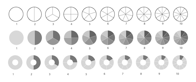 Kostenlose Vektor große reihe von raddiagrammen isoliert auf weißem hintergrund. segmentierte kreise eingestellt. verschiedene anzahl von sektoren teilen den kreis in gleiche teile. schwarze dünne umrissgrafiken.