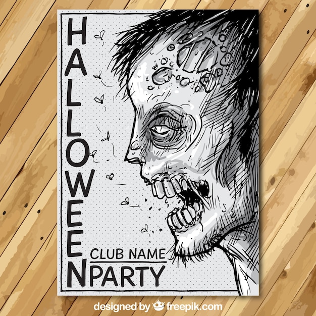 Kostenlose Vektor halloween-party-plakat mit einer hand gezeichnet zombie-