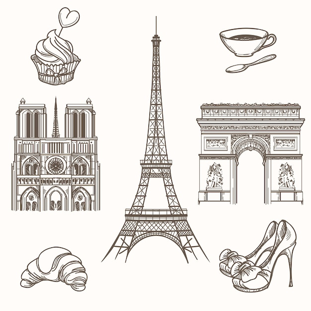 Kostenlose Vektor hand gezeichnete pariser symbole. französischer tourismus und turm eiffel, notre dame und croissant ikonen. hand gezeichnete pariser zeichenvektorillustration