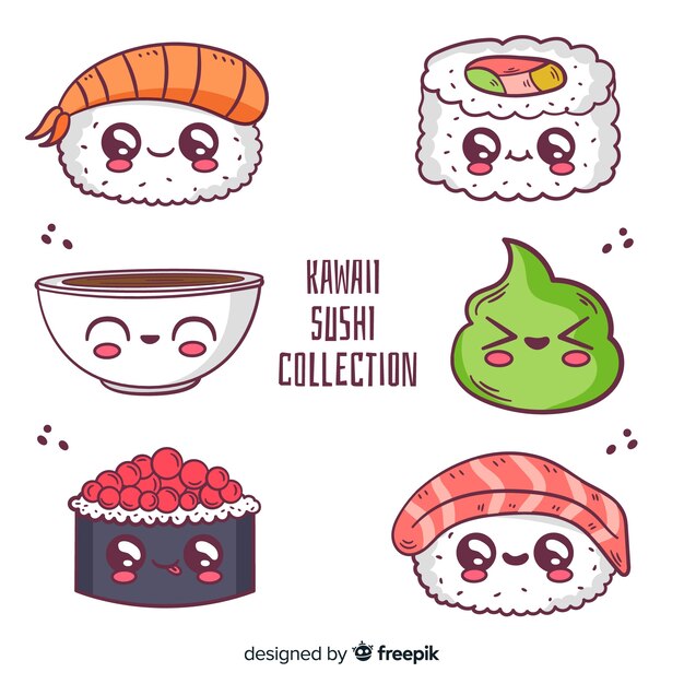 Hand gezeichneter Sushi kawaii Satz