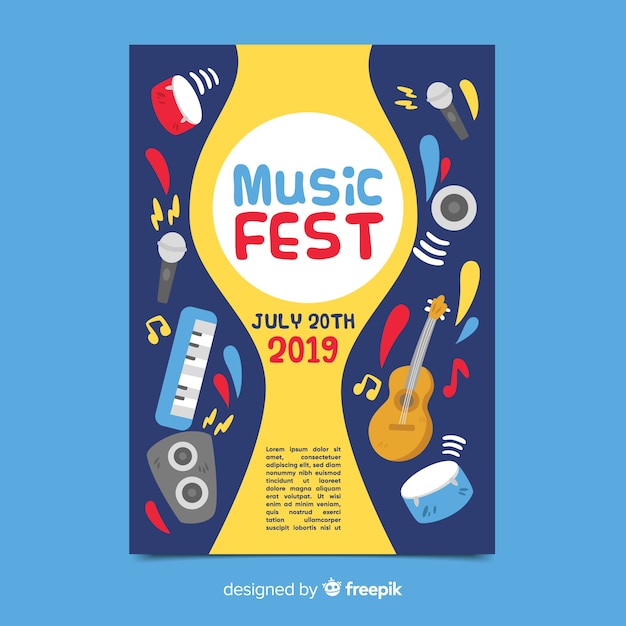 Kostenlose Vektor hand gezeichnetes musikfestivalplakat