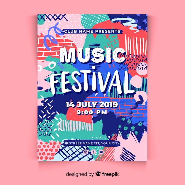 Kostenlose Vektor hand gezeichnetes musikfestivalplakat