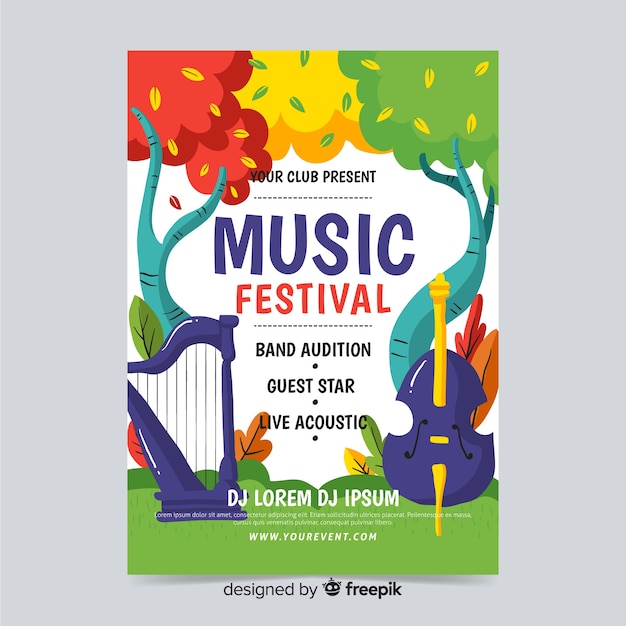 Kostenlose Vektor hand gezeichnetes musikfestplakat