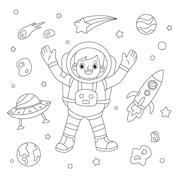 Kostenloser Vektor handgezeichnete astronauten-malbuchillustration