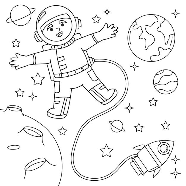 Kostenloser Vektor handgezeichnete astronauten-malbuchillustration