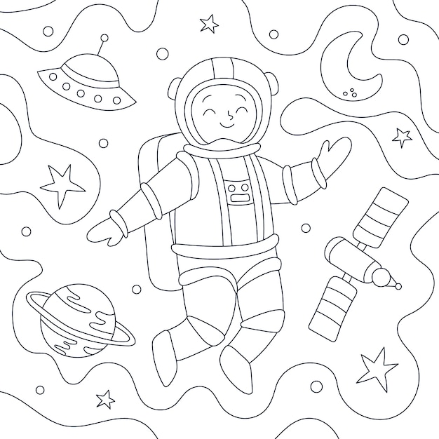 Kostenloser Vektor handgezeichnete astronauten-malbuchillustration