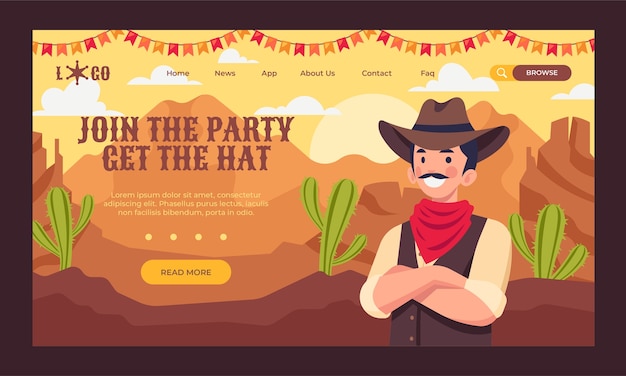 Handgezeichnete Cowboy-Party-Landing-Page-Vorlage