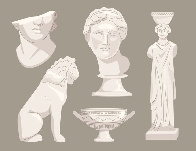 Handgezeichnete griechische Statuensammlung mit flachem Design