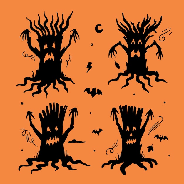 Kostenlose Vektor handgezeichnete haunted tree silhouettes-kollektion für die halloween-feier