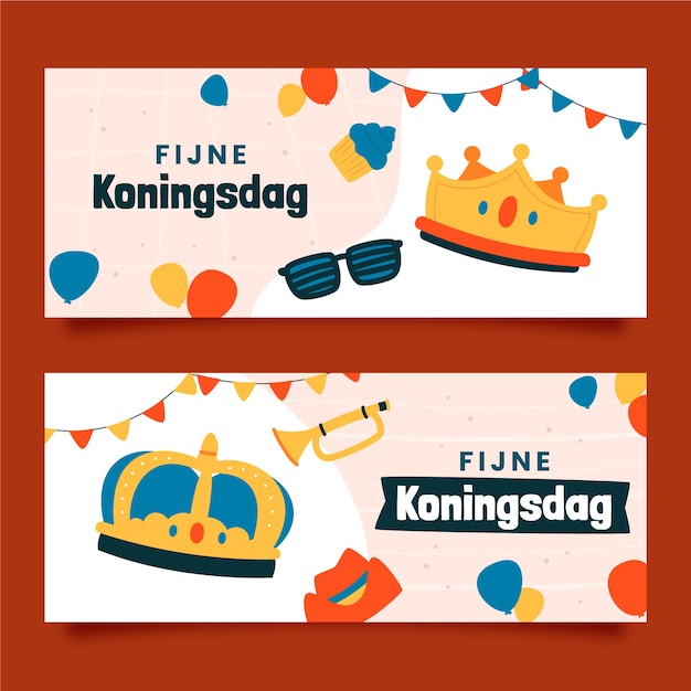 Kostenloser Vektor handgezeichnete horizontale koningsdag-banner gesetzt