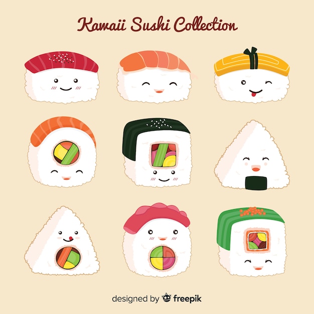 Kostenlose Vektor handgezeichnete kawaii lächelnd sushi-kollektion