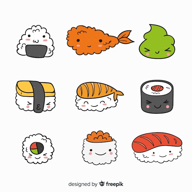 Handgezeichnete Kawaii Sushi-Sammlung