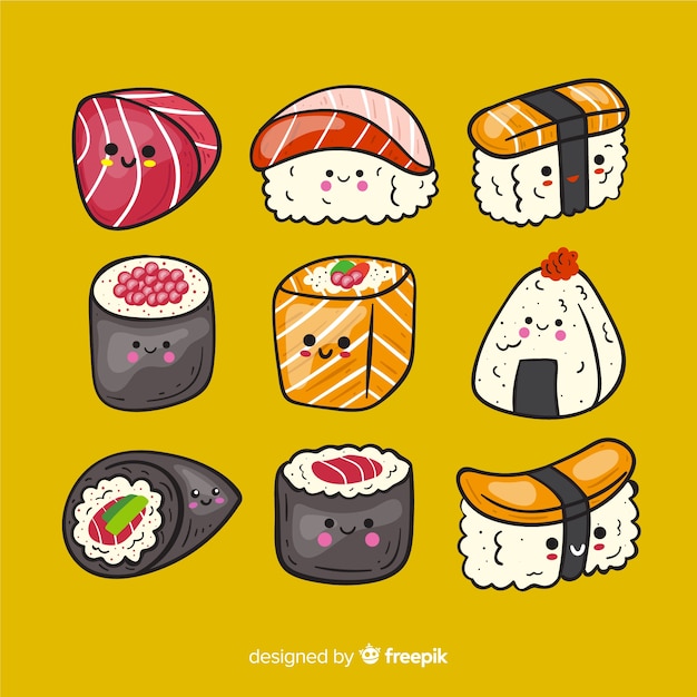 Handgezeichnete Kawaii Sushi-Sammlung