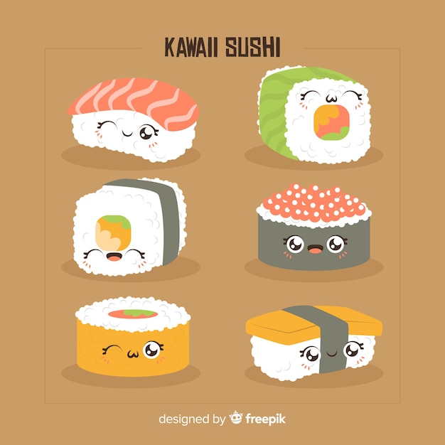 Kostenloser Vektor handgezeichnete kawaii sushi-sammlung