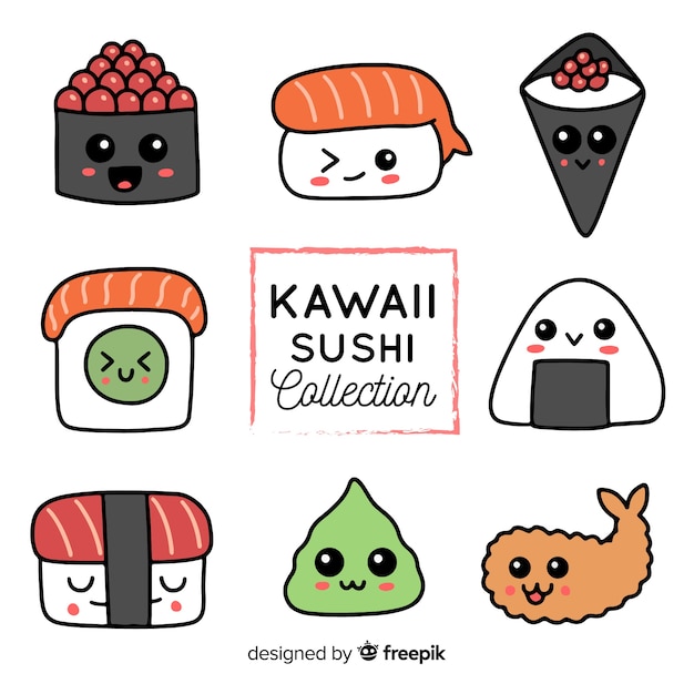 Kostenloser Vektor handgezeichnete kawaii sushi-sammlung