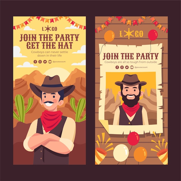 Handgezeichnete vertikale Banner-Vorlage für Cowboy-Partys