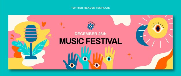 Handgezeichneter bunter Musikfestival-Twitter-Header