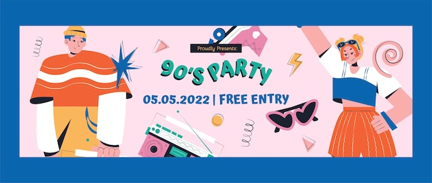 Handgezeichneter, flacher 90er-Party-Twitter-Header