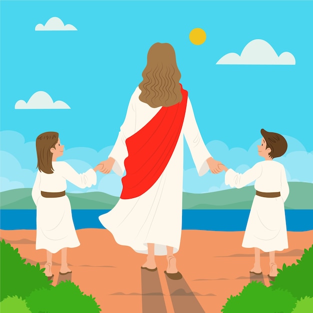 Kostenloser Vektor handgezeichneter jesus mit kinderillustration