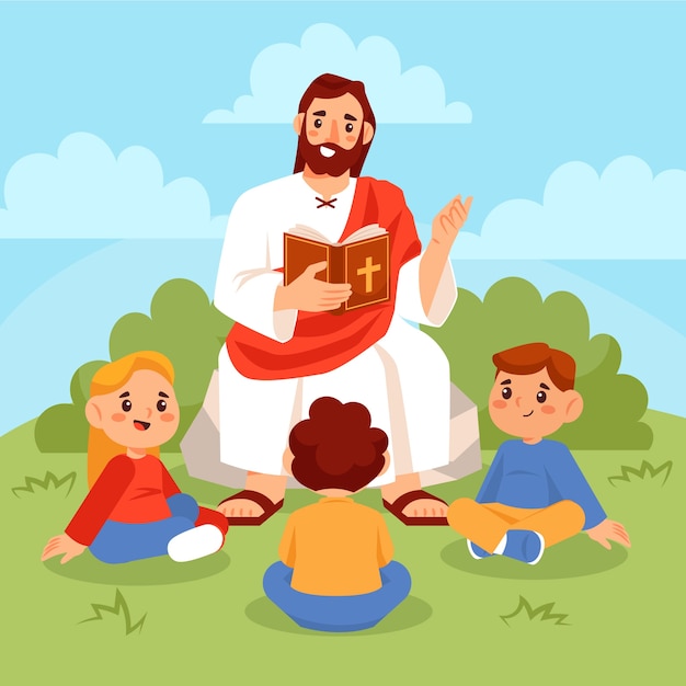 Kostenloser Vektor handgezeichneter jesus mit kinderillustration