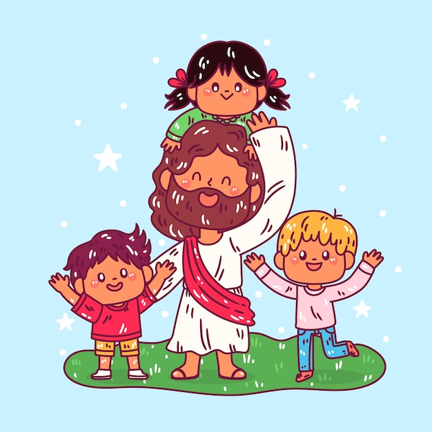 Kostenloser Vektor handgezeichneter jesus mit kinderillustration