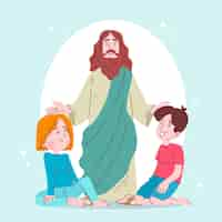 Kostenloser Vektor handgezeichneter jesus mit kinderillustration