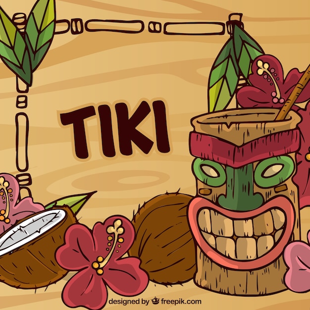 Handgezeichneter Tiki-Cocktail, Kokosnüsse und Blumen