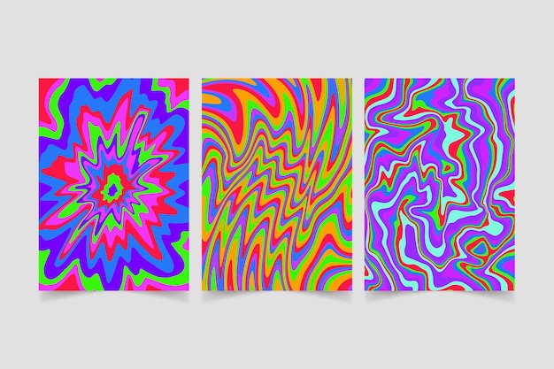 Kostenloser Vektor handgezeichnetes buntes grooviges psychedelisches cover-set