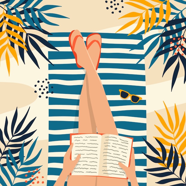 Handgezeichnetes Lesebuch an der Strandillustration