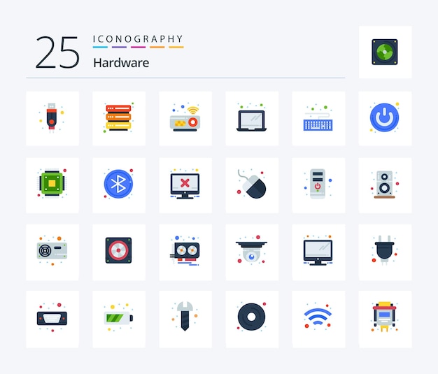 Kostenlose Vektor hardware 25 flachfarben-icon-paket einschließlich ein-/aus-schalter für projektor-hardware
