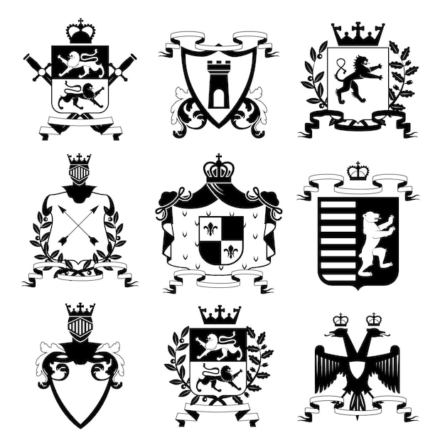 Heraldisches Wappen Familienwappen und Schildembleme entwerfen schwarze Ikonensammlung abstrakte Vektorillustration