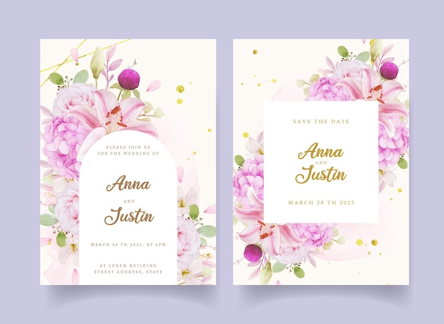 Hochzeitseinladung mit Aquarell rosa Rosen Hortensie und Lilie