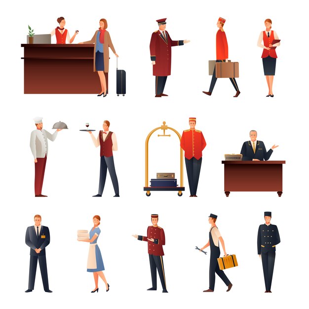 Hotelpersonal flache Icons Set