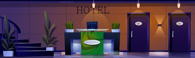 Kostenlose Vektor hotelrezeption und lobby vektor-cartoon-illustration eines großen flurs, verschlossener zimmertüren, blumentöpfe mit grünen pflanzen, gedimmtes licht im flur, computer auf tisch, treppe, gastgewerbe