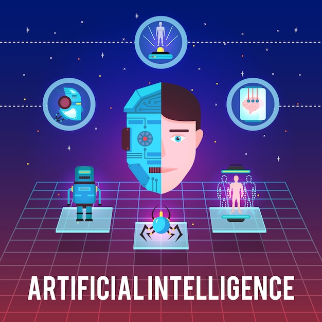 Illustration der künstlichen Intelligenz mit Cyborggesicht-High-Techen Ikonen und Roboterfiguren auf Sternhintergrund