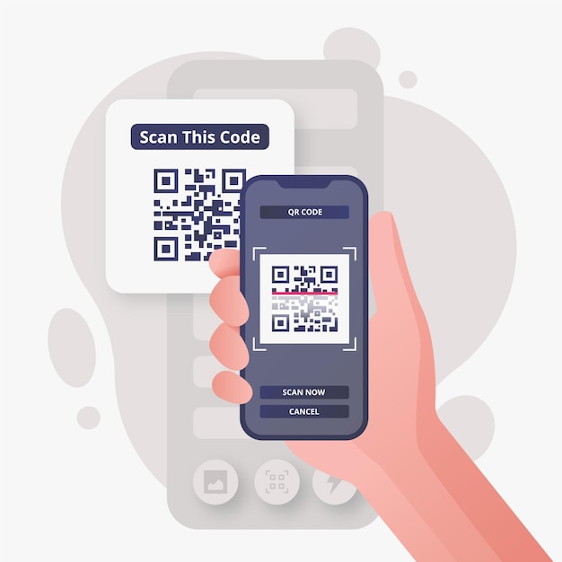 Kostenlose Vektor illustration der person, die einen qr-code mit einem smartphone scannt