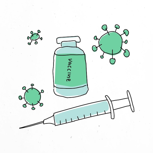 Kostenlose Vektor impfstoff-injektionsvektor-doodle-illustrationsfläschchen mit nadel-doodle für klinische studien