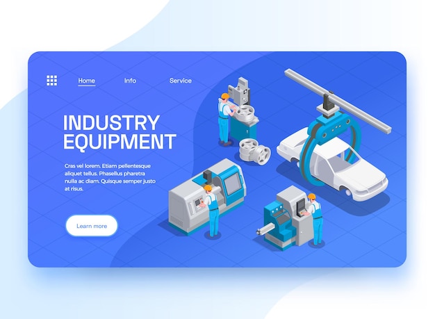 Kostenloser Vektor isometrische hintergrund-landingpage der industrieanlagen-set-website mit anklickbaren links, bearbeitbaren textschaltflächen und maschinenillustration