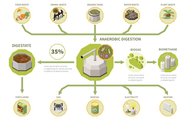 Kostenloser Vektor isometrische infografiken des biogas-stromerzeugungsprozesses mit arten von organischen abfällen, anaerober vergärung, gärgut 3d-vektorillustration