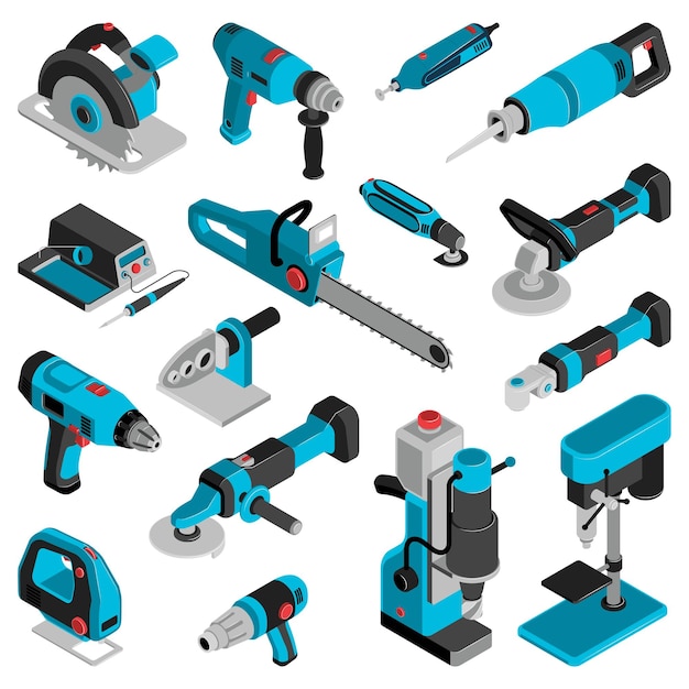 Kostenloser Vektor isometrische satzstichsäge der elektrischen maschine und der werkzeuge, säbelsägewinkelschleiferbohrmaschine lokalisierte vektorillustration