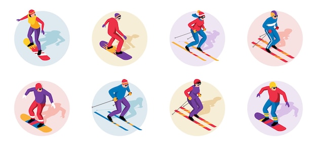 Isometrische Skigebietsikonen, die mit Sportlern gesetzt werden, die Extremsport betreiben, isolierte Vektorillustration