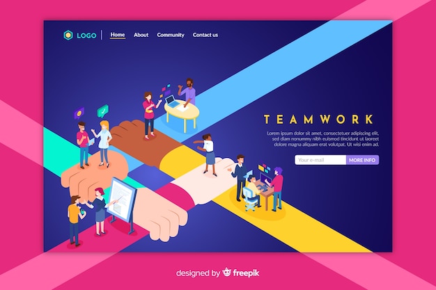 Kostenlose Vektor isometrische teamwork landing page vorlage