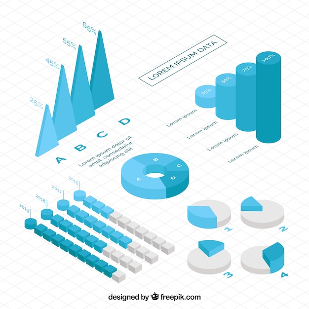 Kostenlose Vektor isometrischen sammlung von infografik-charts in den blauen tönen