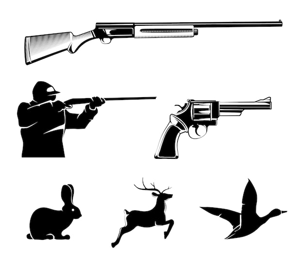 Kostenlose Vektor jagdvektorelemente für weinleseetiketten und -embleme. hirsch und pistole, jagdsport, pistole oder revolver, tier- und gewehrillustration